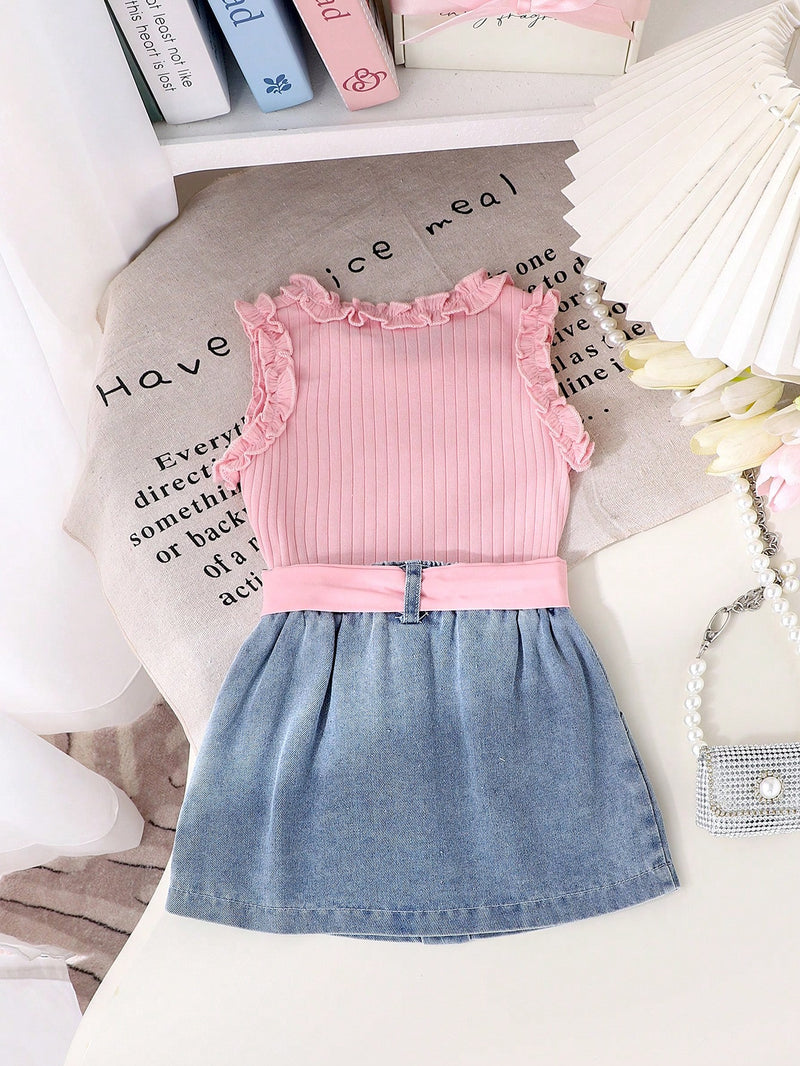 2 peças Conjunto de Regata Fofa + Saia Denim para Meninas Pequenas, Conjunto Leve para Verão