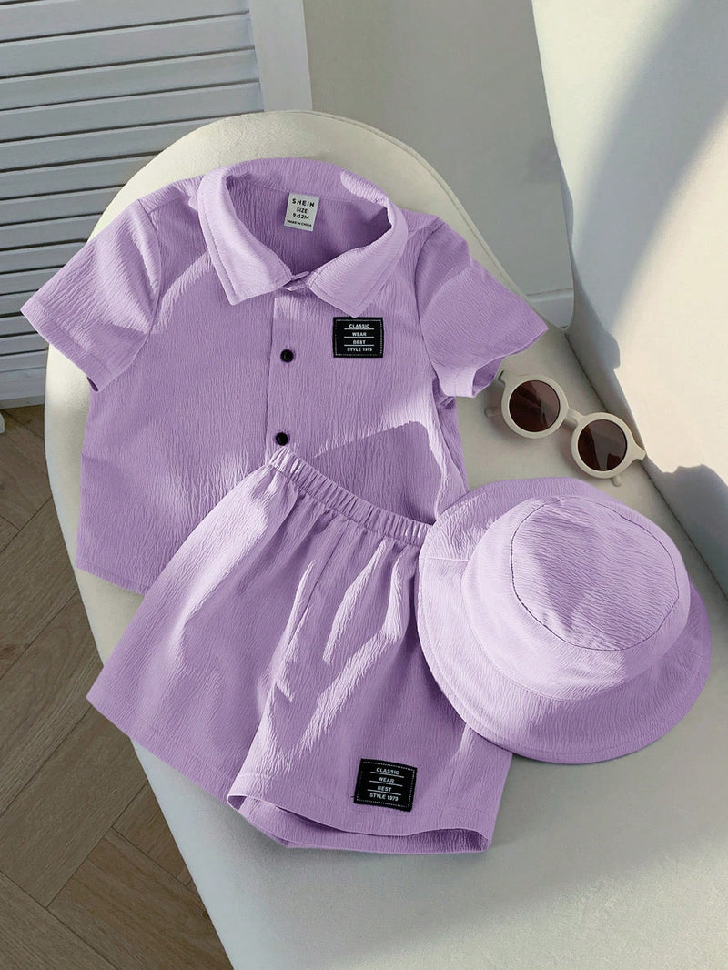 3 peças/Conjunto Cardigan de Manga Curta com Gola Bordada para Bebê Menino, Shorts com Cintura Elástica e Chapéu