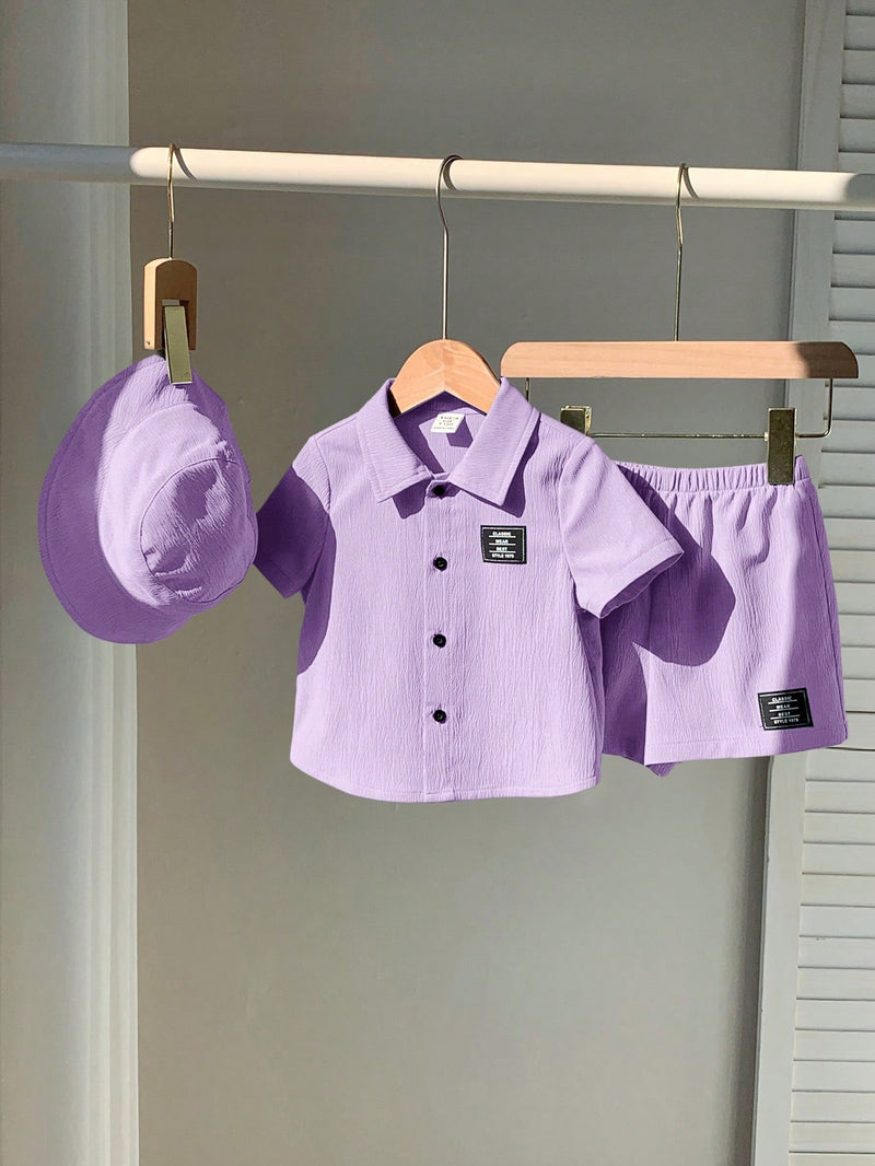 3 peças/Conjunto Cardigan de Manga Curta com Gola Bordada para Bebê Menino, Shorts com Cintura Elástica e Chapéu