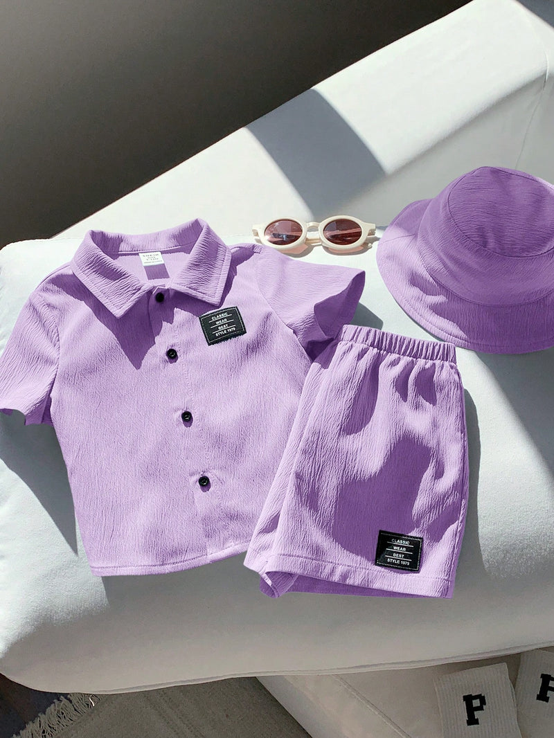 3 peças/Conjunto Cardigan de Manga Curta com Gola Bordada para Bebê Menino, Shorts com Cintura Elástica e Chapéu