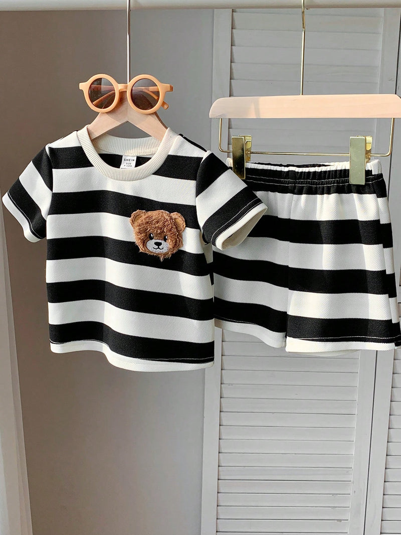 2 peças/Conjunto Camiseta de Manga Curta e Shorts Listrados com Estampa de Urso para Menino/Menina Casual, Confortável e Adequado para Uso Diário, Esportes, Exterior, Escola, Festa, Férias, Sessão de Fotos, Primavera/Verão