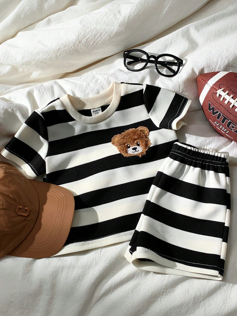 2 peças/Conjunto Camiseta de Manga Curta e Shorts Listrados com Estampa de Urso para Menino/Menina Casual, Confortável e Adequado para Uso Diário, Esportes, Exterior, Escola, Festa, Férias, Sessão de Fotos, Primavera/Verão
