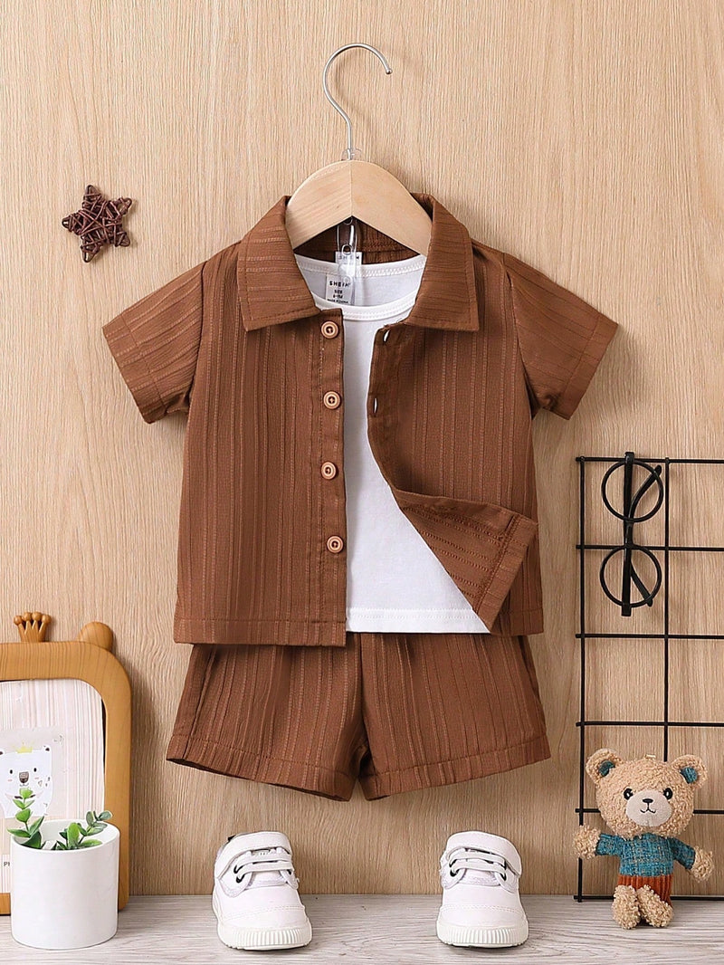 Bebê Menino Sólido Botão Frontal Camiseta & Shorts Sem Camiseta