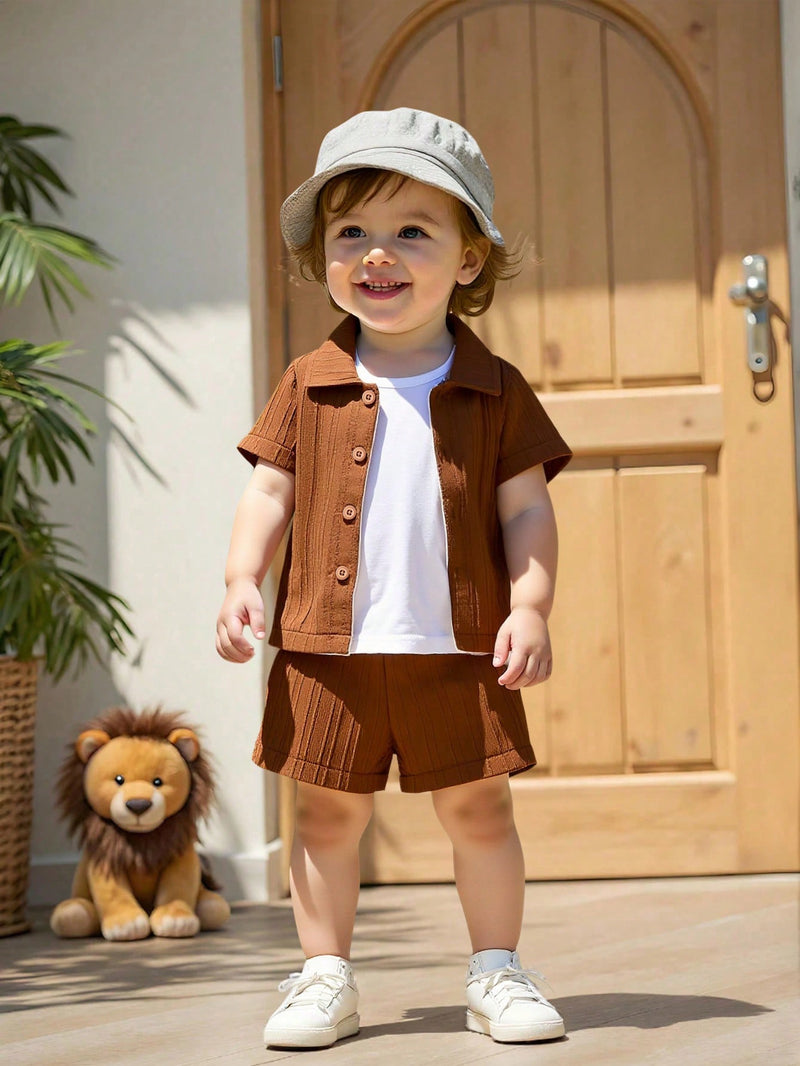 Bebê Menino Sólido Botão Frontal Camiseta & Shorts Sem Camiseta