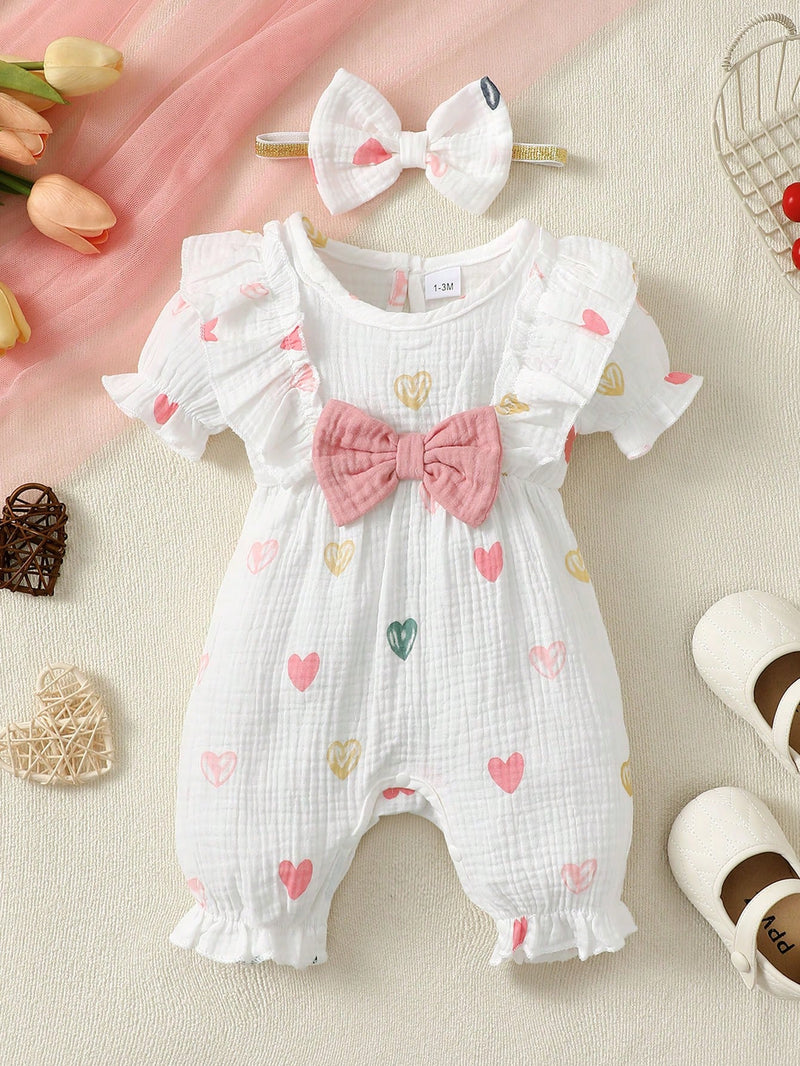 2 Peças Conjunto de Macacão Fofo de Bebê Menina com Laço de Coração Duplo+Faixa de Cabeça, Verão