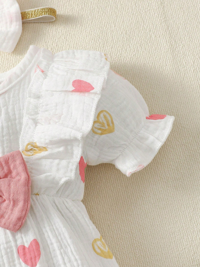 2 Peças Conjunto de Macacão Fofo de Bebê Menina com Laço de Coração Duplo+Faixa de Cabeça, Verão