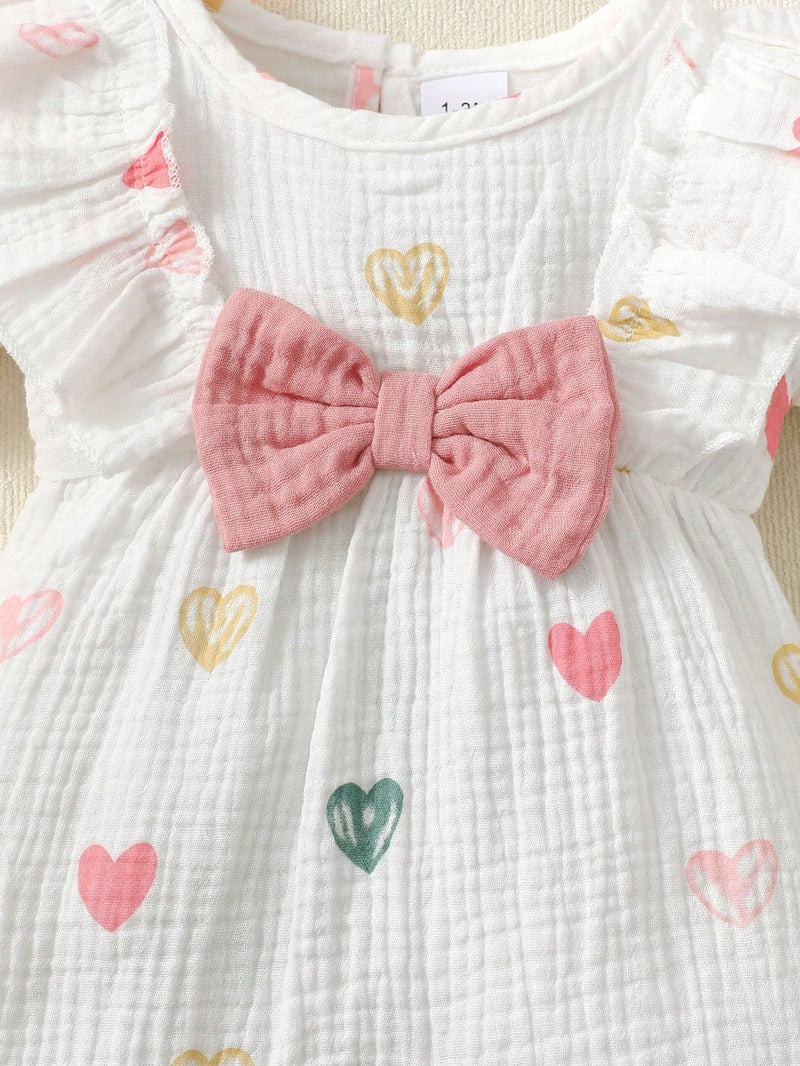 2 Peças Conjunto de Macacão Fofo de Bebê Menina com Laço de Coração Duplo+Faixa de Cabeça, Verão