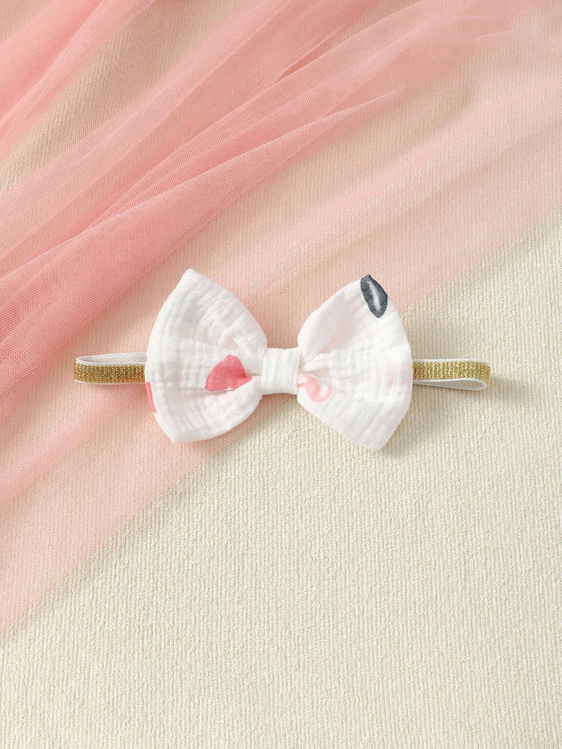 2 Peças Conjunto de Macacão Fofo de Bebê Menina com Laço de Coração Duplo+Faixa de Cabeça, Verão