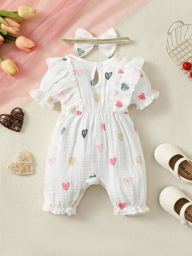 2 Peças Conjunto de Macacão Fofo de Bebê Menina com Laço de Coração Duplo+Faixa de Cabeça, Verão