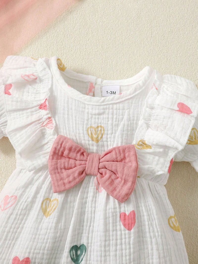 2 Peças Conjunto de Macacão Fofo de Bebê Menina com Laço de Coração Duplo+Faixa de Cabeça, Verão