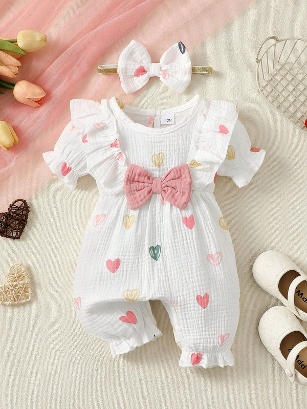 2 Peças Conjunto de Macacão Fofo de Bebê Menina com Laço de Coração Duplo+Faixa de Cabeça, Verão