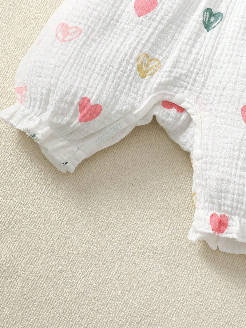 2 Peças Conjunto de Macacão Fofo de Bebê Menina com Laço de Coração Duplo+Faixa de Cabeça, Verão