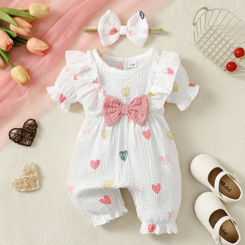 2 Peças Conjunto de Macacão Fofo de Bebê Menina com Laço de Coração Duplo+Faixa de Cabeça, Verão