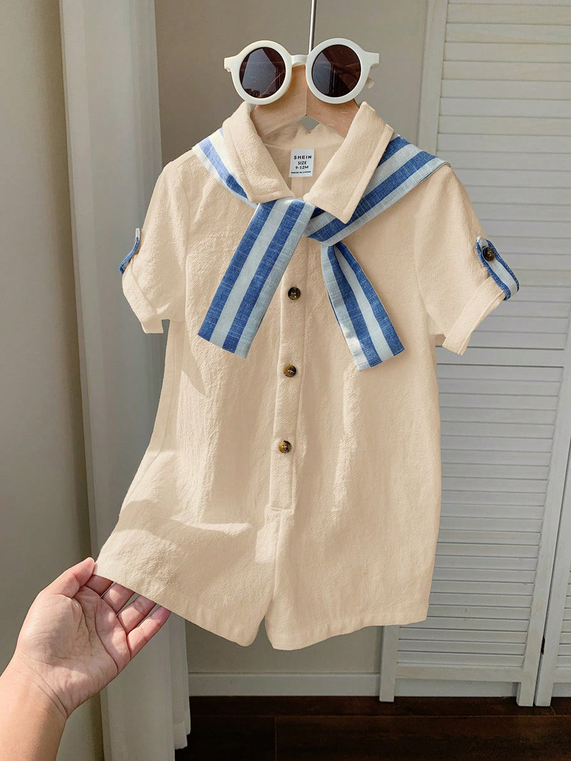Camisa de Manga Curta Casual de Cor Sólida para Bebê/Criança Pequena, Macacão com Capa e Shorts Listrados, Adequado para Uso na Primavera/Verão, Casa e Passeio