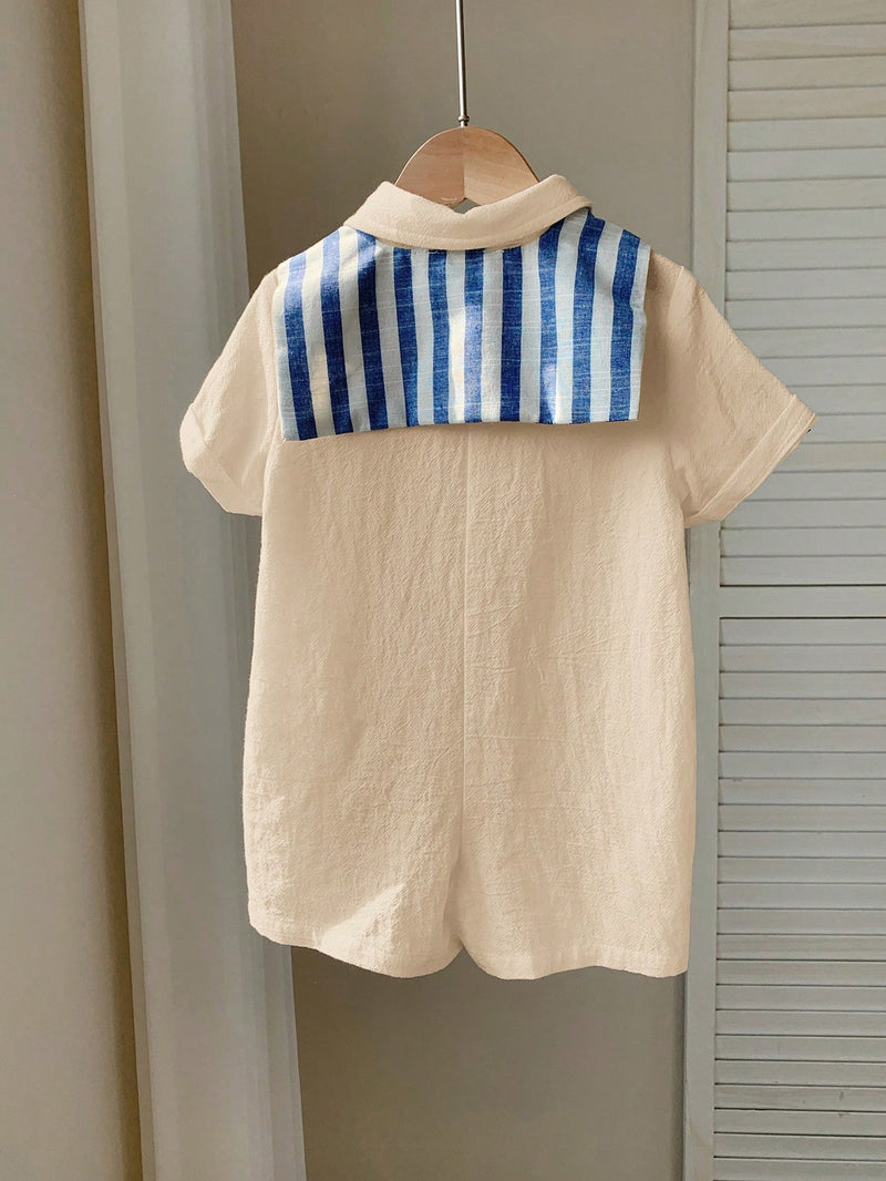 Camisa de Manga Curta Casual de Cor Sólida para Bebê/Criança Pequena, Macacão com Capa e Shorts Listrados, Adequado para Uso na Primavera/Verão, Casa e Passeio