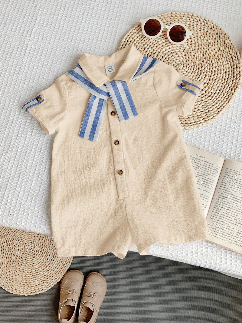 Camisa de Manga Curta Casual de Cor Sólida para Bebê/Criança Pequena, Macacão com Capa e Shorts Listrados, Adequado para Uso na Primavera/Verão, Casa e Passeio