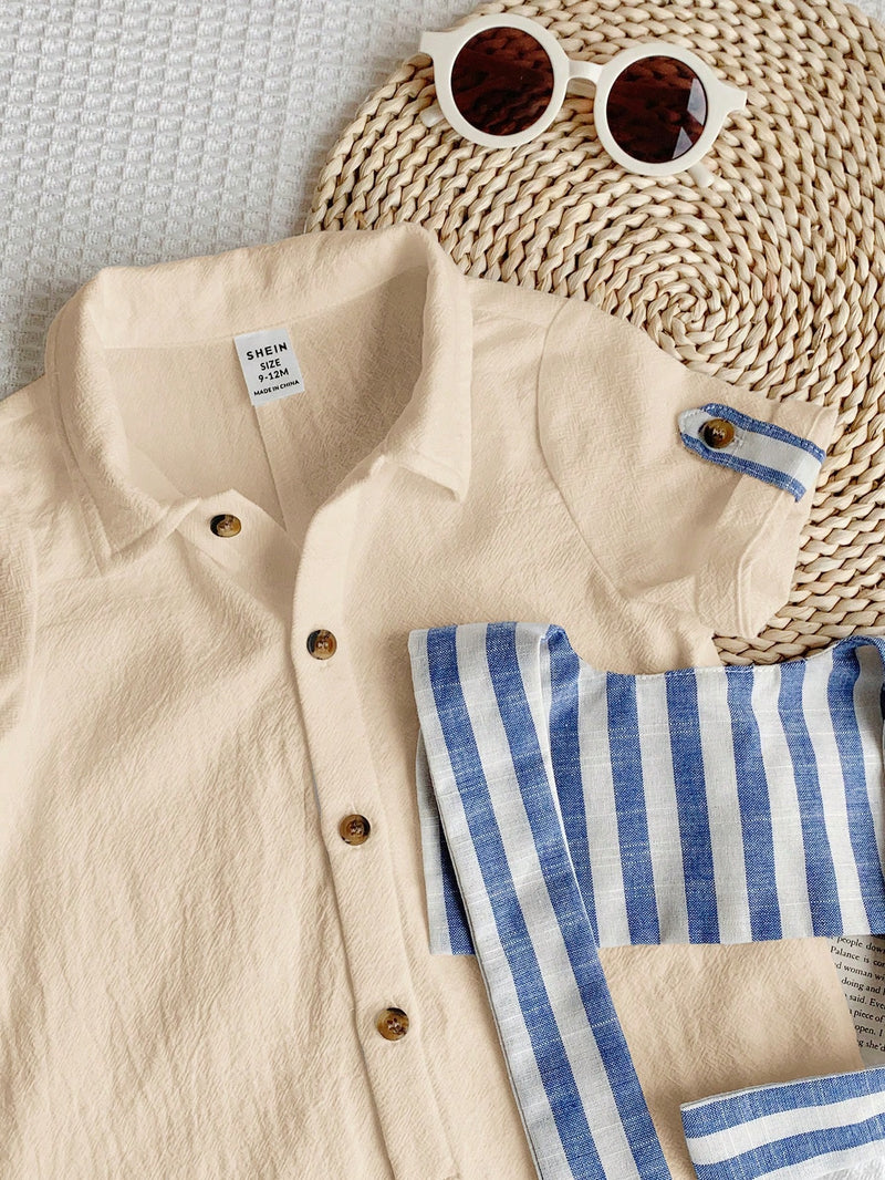 Camisa de Manga Curta Casual de Cor Sólida para Bebê/Criança Pequena, Macacão com Capa e Shorts Listrados, Adequado para Uso na Primavera/Verão, Casa e Passeio