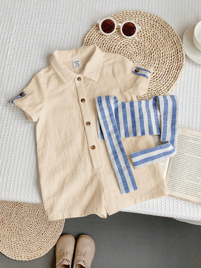 Camisa de Manga Curta Casual de Cor Sólida para Bebê/Criança Pequena, Macacão com Capa e Shorts Listrados, Adequado para Uso na Primavera/Verão, Casa e Passeio
