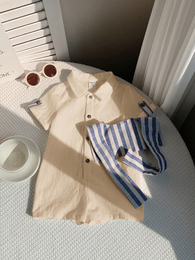 Camisa de Manga Curta Casual de Cor Sólida para Bebê/Criança Pequena, Macacão com Capa e Shorts Listrados, Adequado para Uso na Primavera/Verão, Casa e Passeio