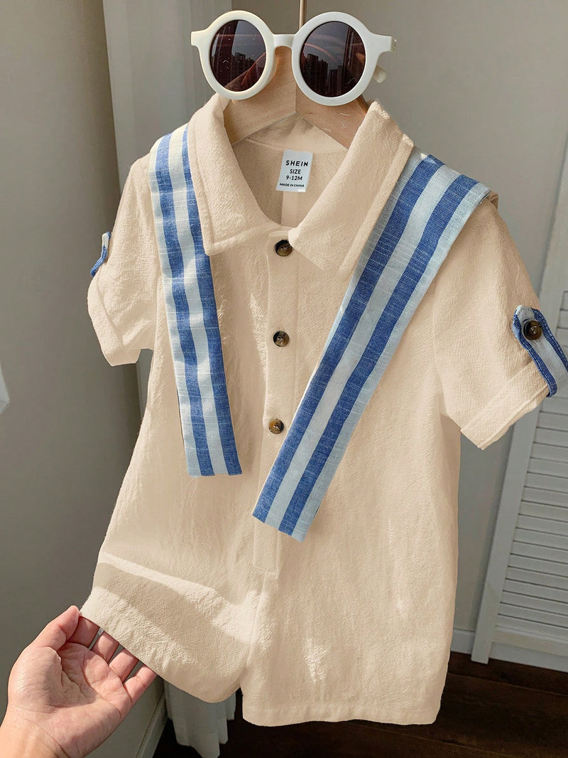 Camisa de Manga Curta Casual de Cor Sólida para Bebê/Criança Pequena, Macacão com Capa e Shorts Listrados, Adequado para Uso na Primavera/Verão, Casa e Passeio