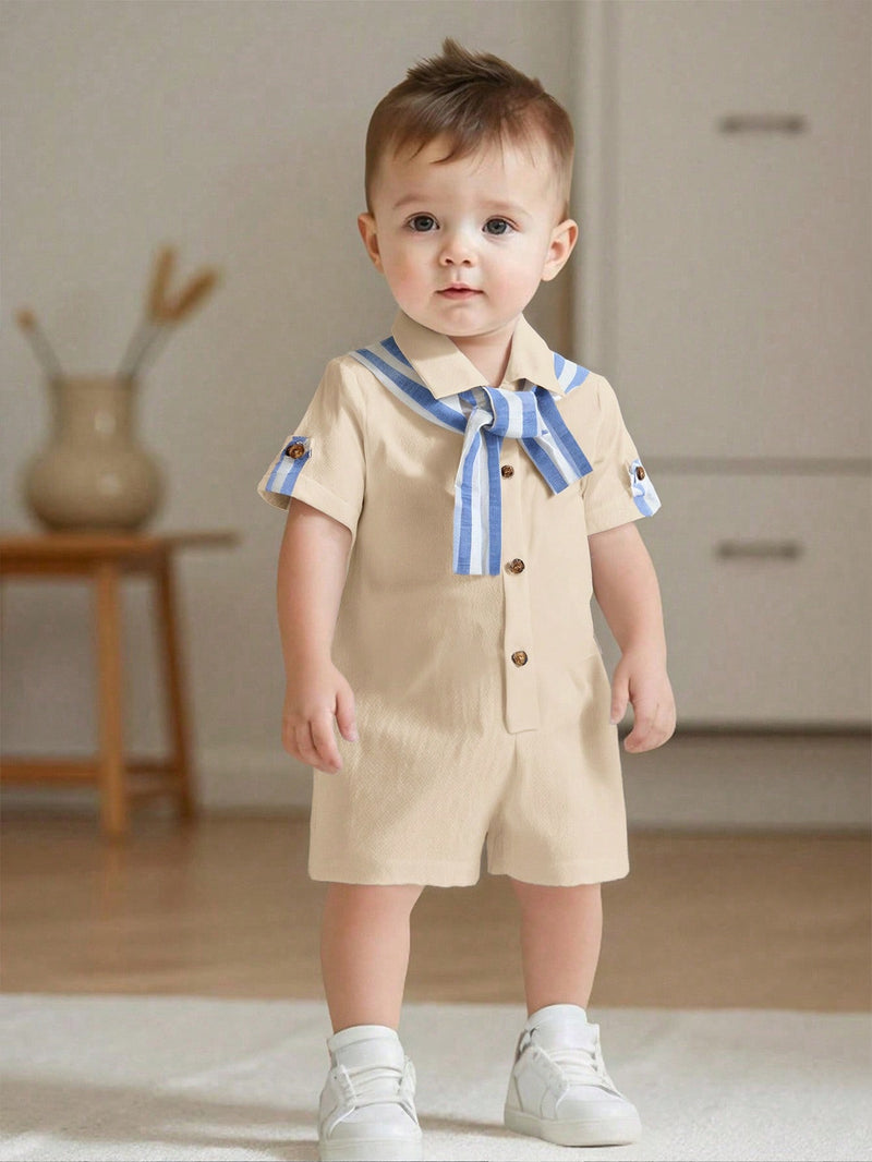 Camisa de Manga Curta Casual de Cor Sólida para Bebê/Criança Pequena, Macacão com Capa e Shorts Listrados, Adequado para Uso na Primavera/Verão, Casa e Passeio