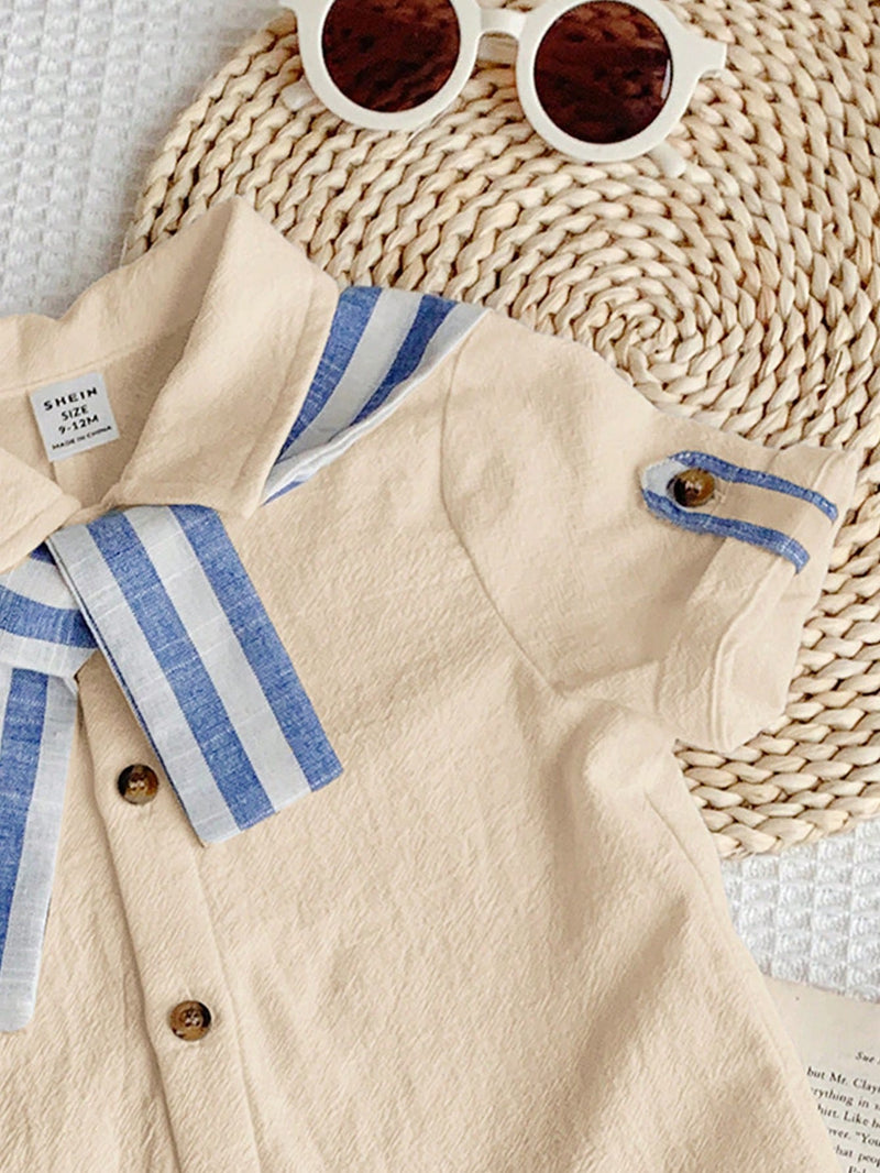 Camisa de Manga Curta Casual de Cor Sólida para Bebê/Criança Pequena, Macacão com Capa e Shorts Listrados, Adequado para Uso na Primavera/Verão, Casa e Passeio