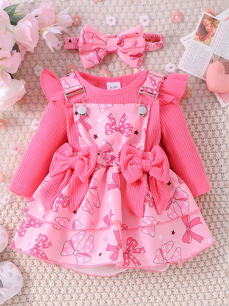 2 Peças Conjunto de Macacão + Vestido de Alça Elegante e Fofo de Manga Longa para Bebê/Menina, Leve para Primavera/Outono