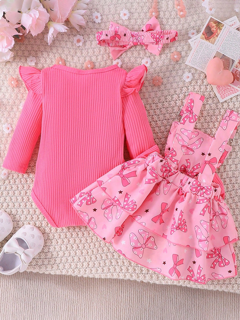 2 Peças Conjunto de Macacão + Vestido de Alça Elegante e Fofo de Manga Longa para Bebê/Menina, Leve para Primavera/Outono