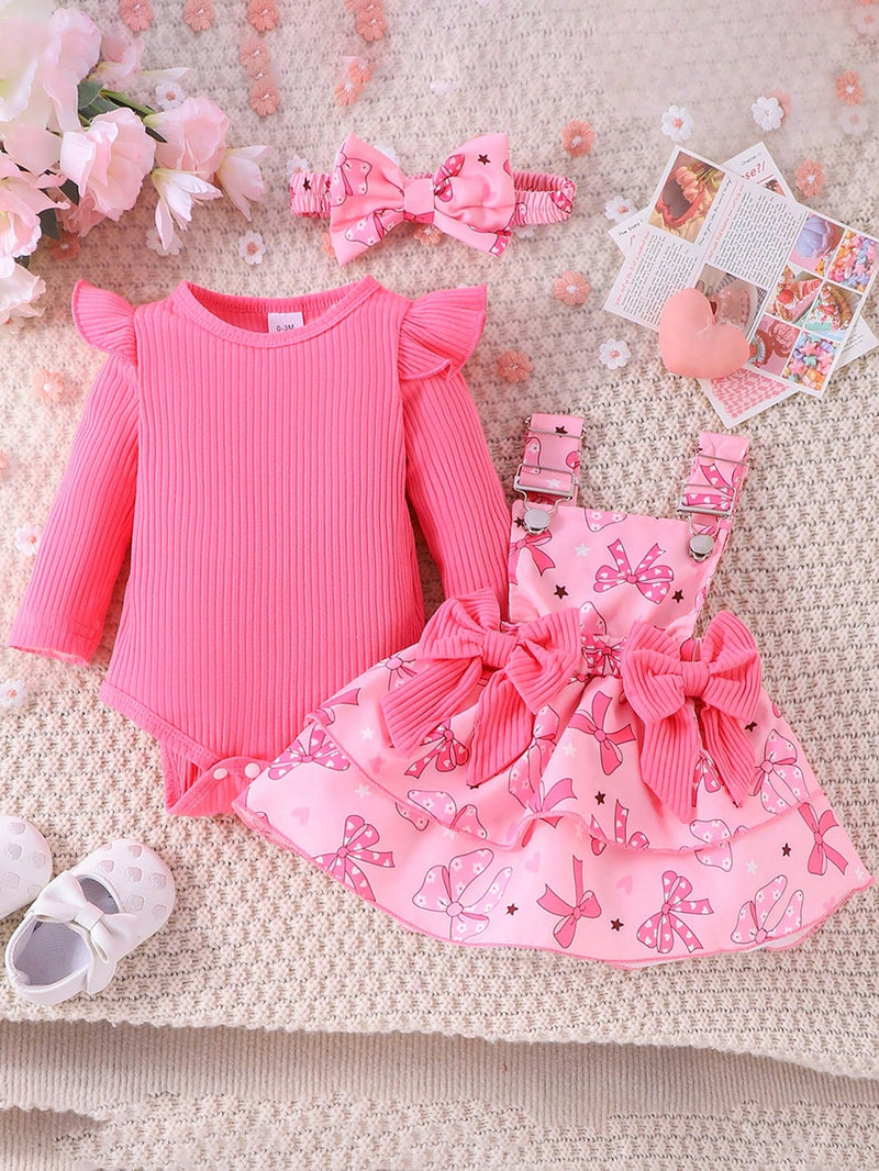 2 Peças Conjunto de Macacão + Vestido de Alça Elegante e Fofo de Manga Longa para Bebê/Menina, Leve para Primavera/Outono
