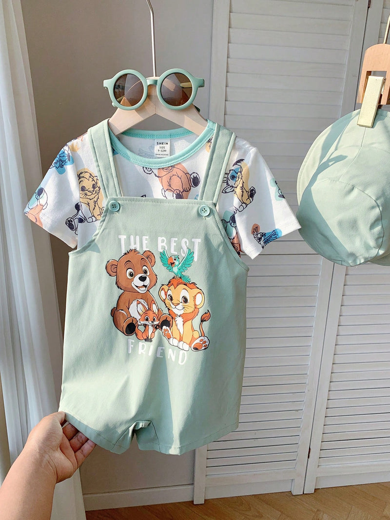 3 peças/Conjunto Bebê Meninos/Meninas Casual Impressão Fofa de Animal Ombro Caído Malha Parte Superior/Camiseta e Shorts com Chapéu, Confortável para Casa, Passeios, Reuniões na Primavera/Verão