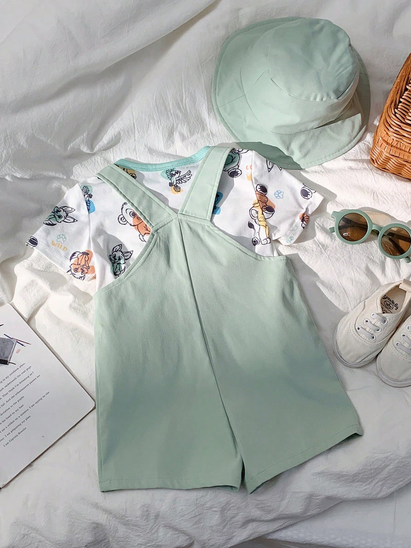 3 peças/Conjunto Bebê Meninos/Meninas Casual Impressão Fofa de Animal Ombro Caído Malha Parte Superior/Camiseta e Shorts com Chapéu, Confortável para Casa, Passeios, Reuniões na Primavera/Verão