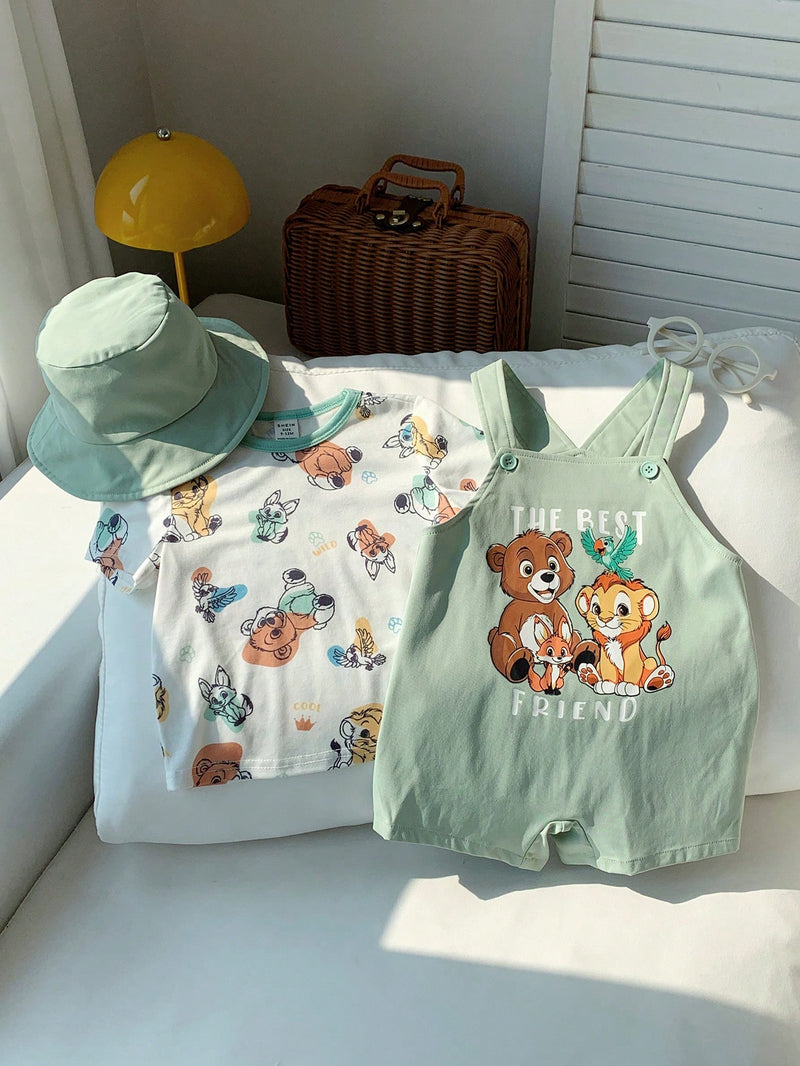 3 peças/Conjunto Bebê Meninos/Meninas Casual Impressão Fofa de Animal Ombro Caído Malha Parte Superior/Camiseta e Shorts com Chapéu, Confortável para Casa, Passeios, Reuniões na Primavera/Verão