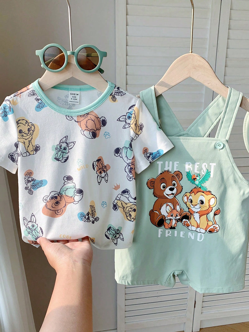 3 peças/Conjunto Bebê Meninos/Meninas Casual Impressão Fofa de Animal Ombro Caído Malha Parte Superior/Camiseta e Shorts com Chapéu, Confortável para Casa, Passeios, Reuniões na Primavera/Verão