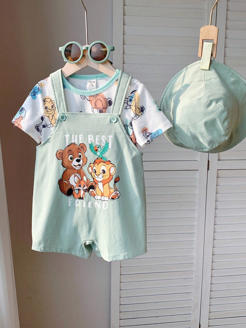 3 peças/Conjunto Bebê Meninos/Meninas Casual Impressão Fofa de Animal Ombro Caído Malha Parte Superior/Camiseta e Shorts com Chapéu, Confortável para Casa, Passeios, Reuniões na Primavera/Verão