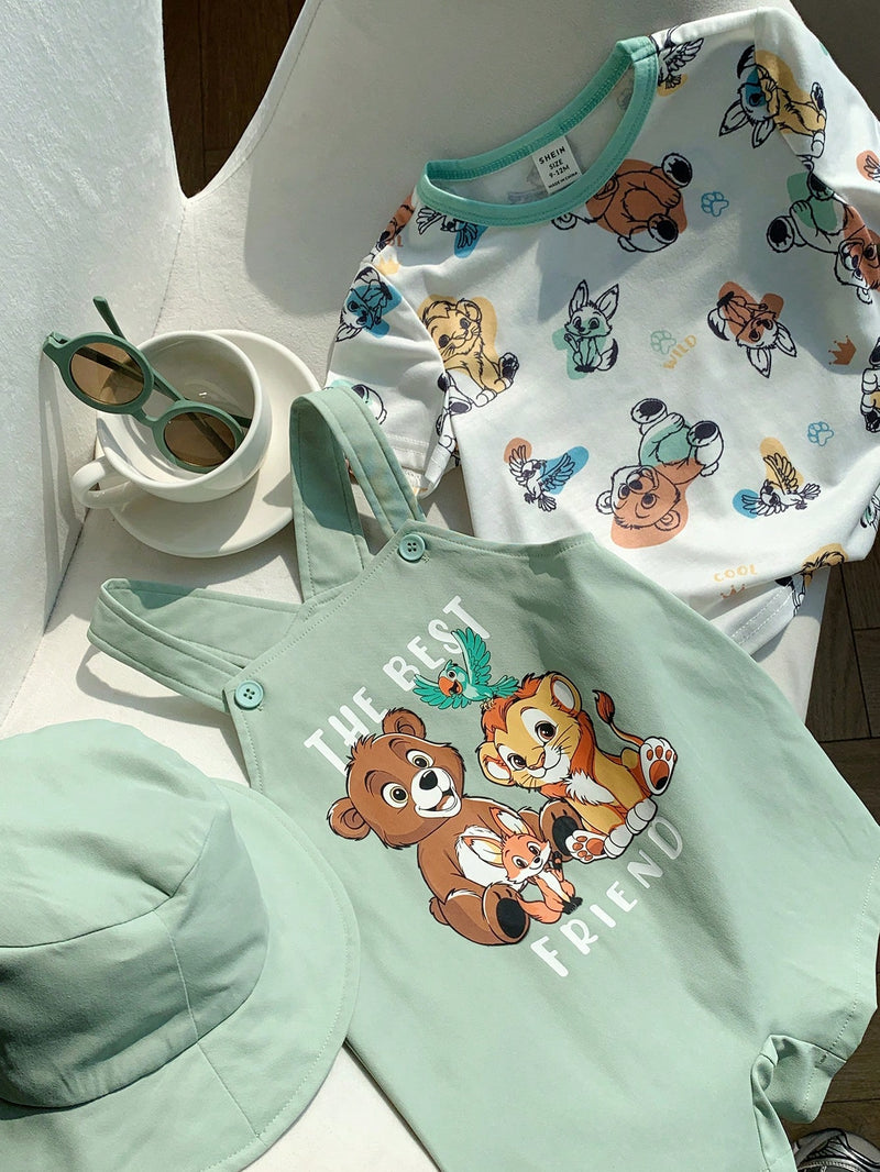 3 peças/Conjunto Bebê Meninos/Meninas Casual Impressão Fofa de Animal Ombro Caído Malha Parte Superior/Camiseta e Shorts com Chapéu, Confortável para Casa, Passeios, Reuniões na Primavera/Verão
