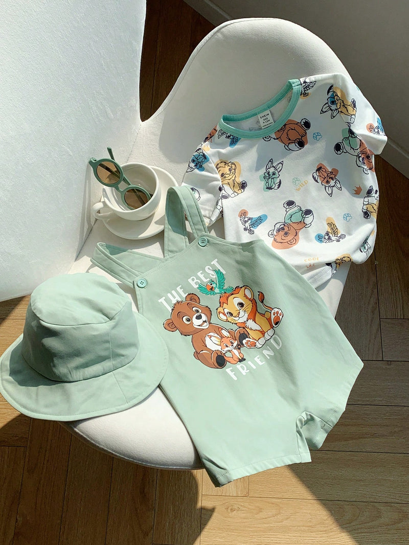 3 peças/Conjunto Bebê Meninos/Meninas Casual Impressão Fofa de Animal Ombro Caído Malha Parte Superior/Camiseta e Shorts com Chapéu, Confortável para Casa, Passeios, Reuniões na Primavera/Verão