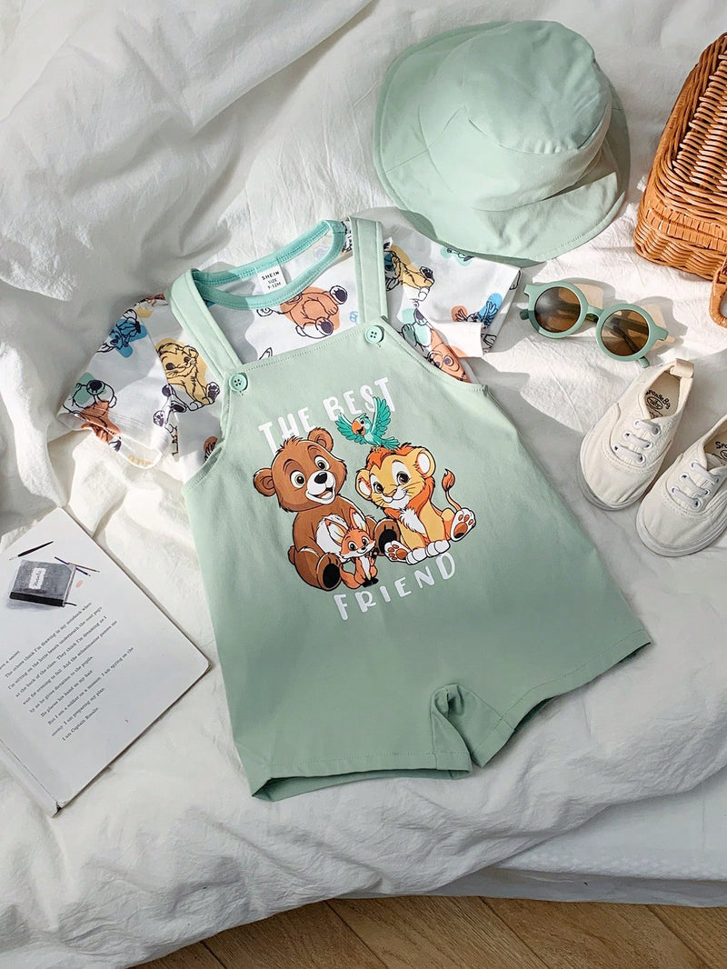 3 peças/Conjunto Bebê Meninos/Meninas Casual Impressão Fofa de Animal Ombro Caído Malha Parte Superior/Camiseta e Shorts com Chapéu, Confortável para Casa, Passeios, Reuniões na Primavera/Verão