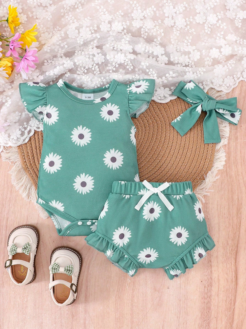 Conjunto de 2 peças de Crianças Meninas Bodysuit e Shorts Estampado Adorável, Verão