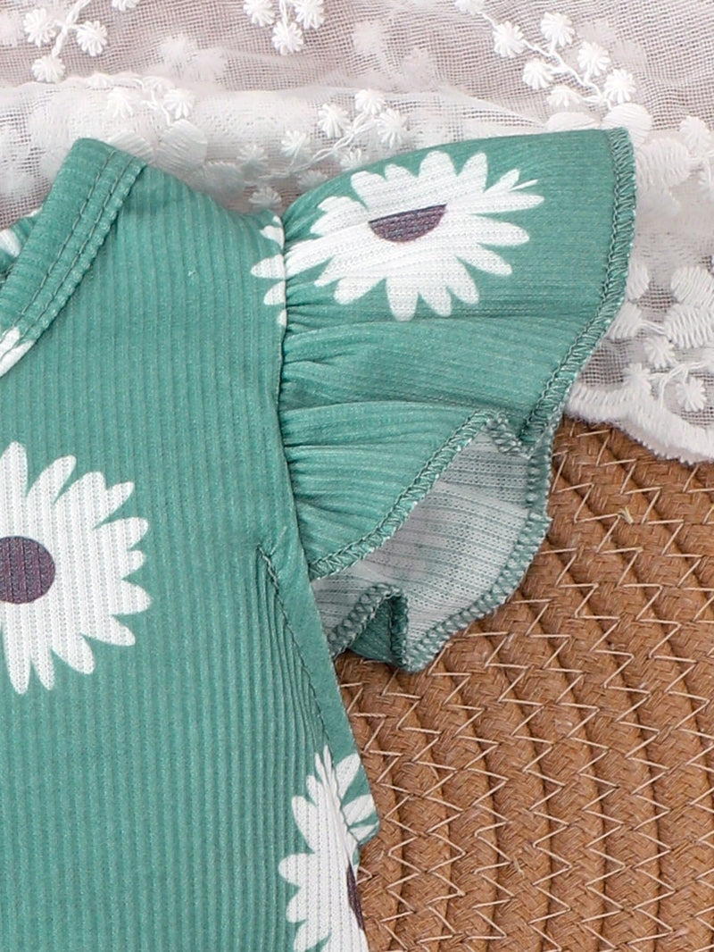 Conjunto de 2 peças de Crianças Meninas Bodysuit e Shorts Estampado Adorável, Verão