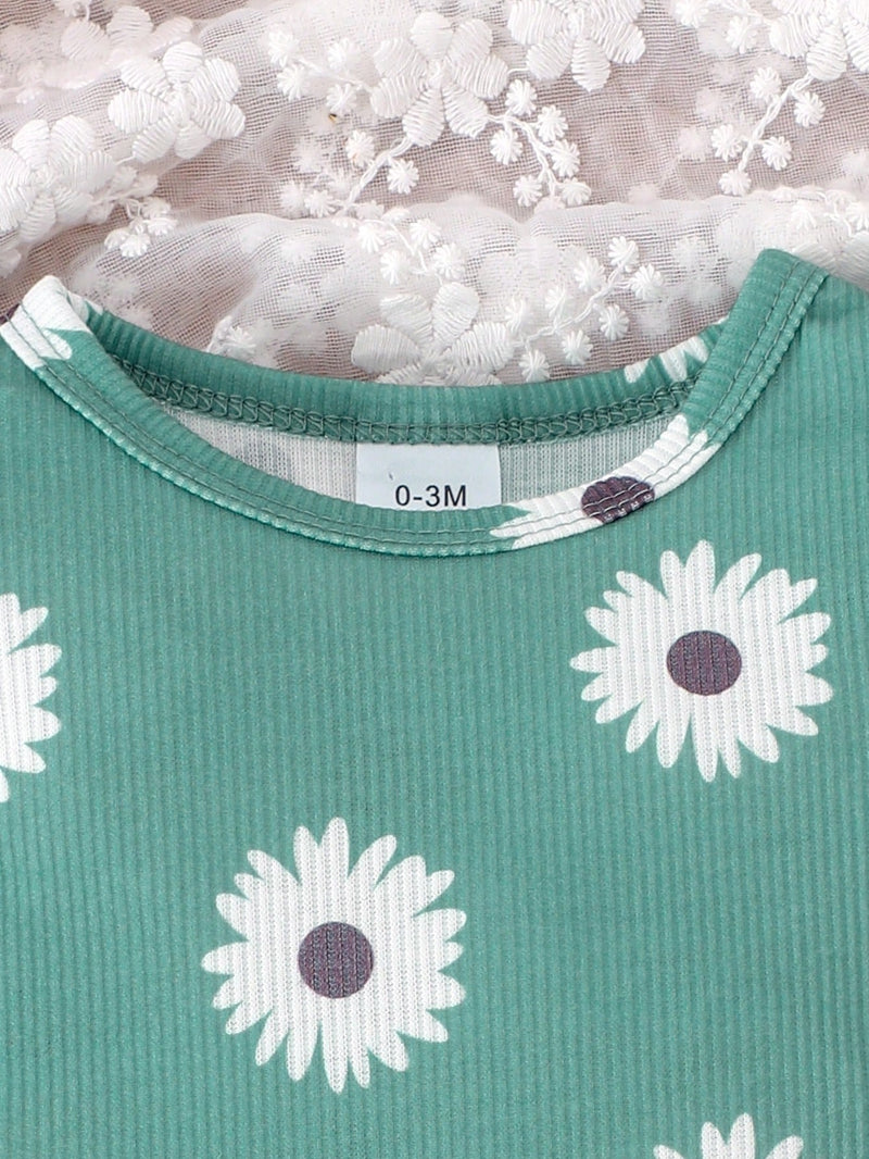 Conjunto de 2 peças de Crianças Meninas Bodysuit e Shorts Estampado Adorável, Verão