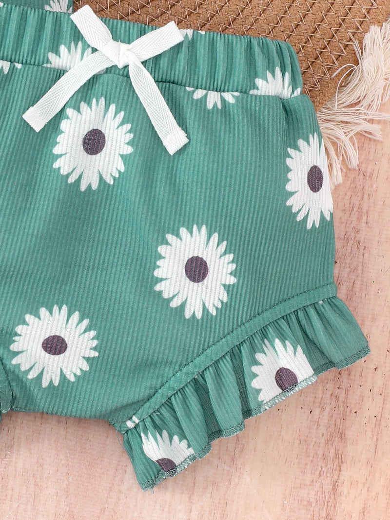 Conjunto de 2 peças de Crianças Meninas Bodysuit e Shorts Estampado Adorável, Verão