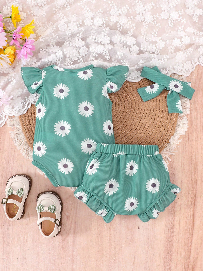 Conjunto de 2 peças de Crianças Meninas Bodysuit e Shorts Estampado Adorável, Verão