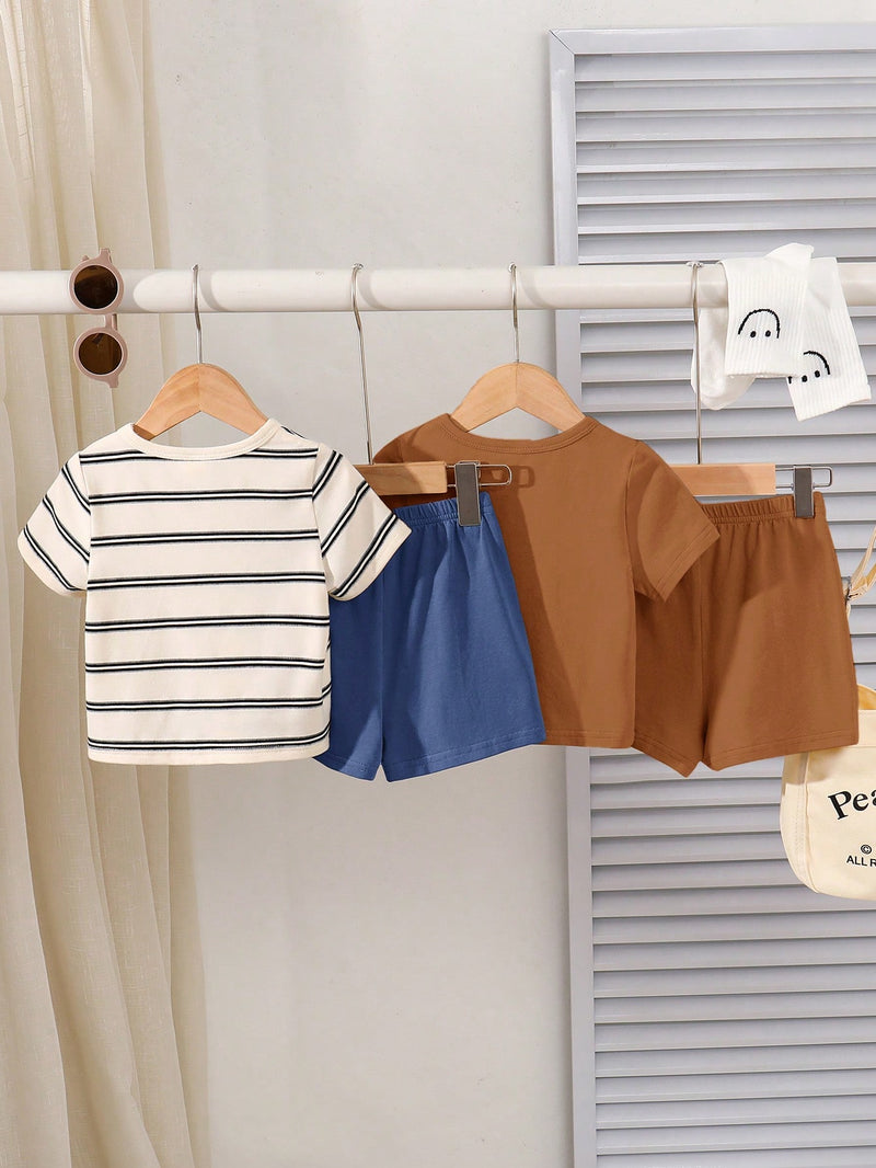 4 peças/conjunto de Verão Estilo Coreano Casual Fofo, Padrão de Desenho Animado Listrado Camiseta Manga Curta, Shorts de Elástico com Bolsos para Meninos e Meninas Bebês