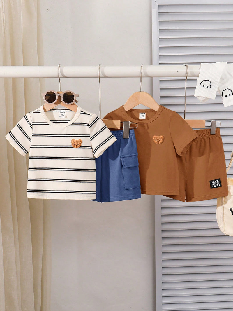 4 peças/conjunto de Verão Estilo Coreano Casual Fofo, Padrão de Desenho Animado Listrado Camiseta Manga Curta, Shorts de Elástico com Bolsos para Meninos e Meninas Bebês