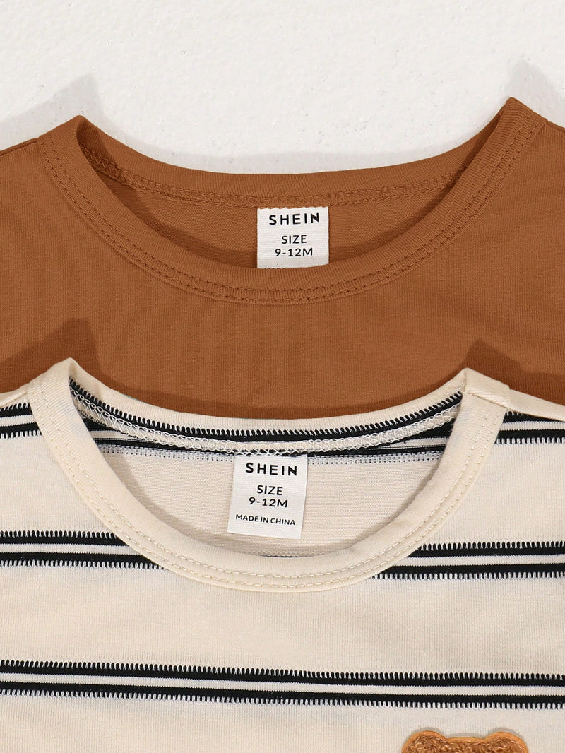 4 peças/conjunto de Verão Estilo Coreano Casual Fofo, Padrão de Desenho Animado Listrado Camiseta Manga Curta, Shorts de Elástico com Bolsos para Meninos e Meninas Bebês
