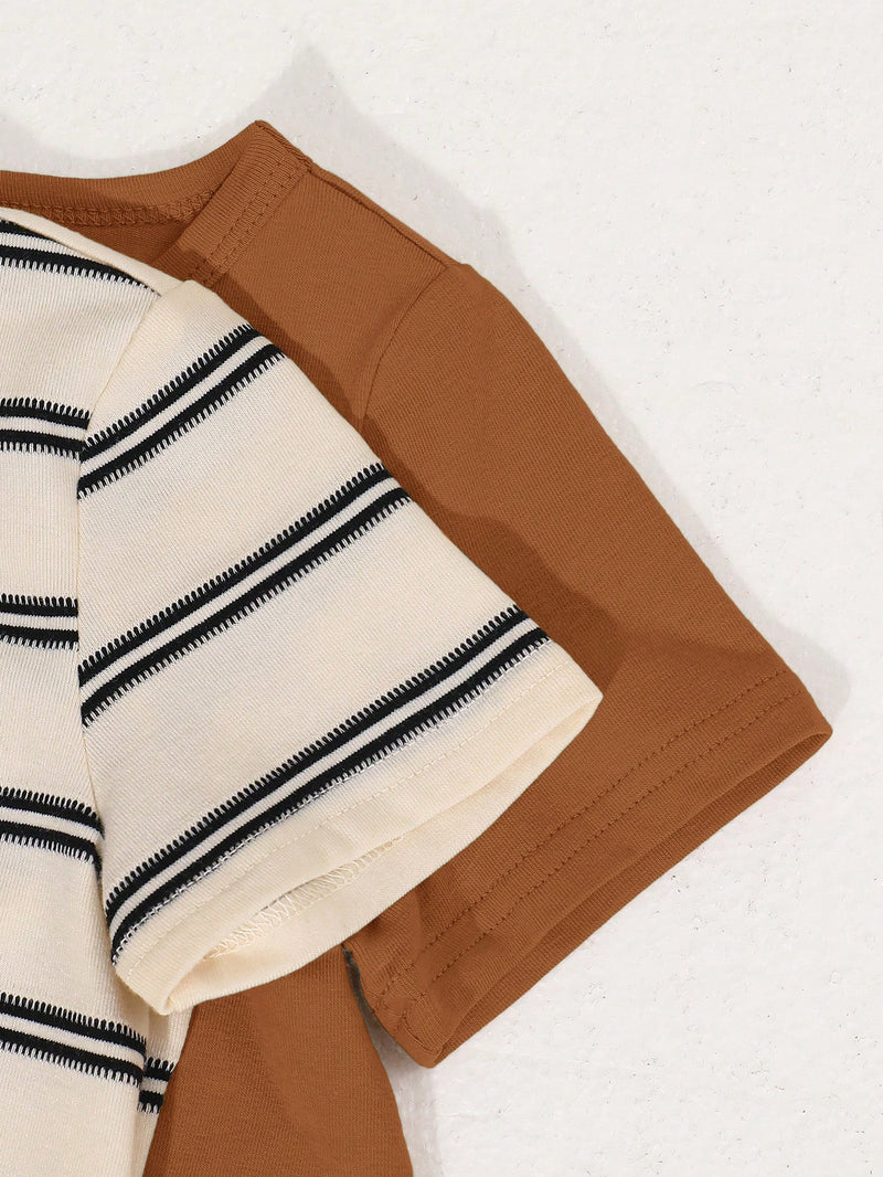 4 peças/conjunto de Verão Estilo Coreano Casual Fofo, Padrão de Desenho Animado Listrado Camiseta Manga Curta, Shorts de Elástico com Bolsos para Meninos e Meninas Bebês