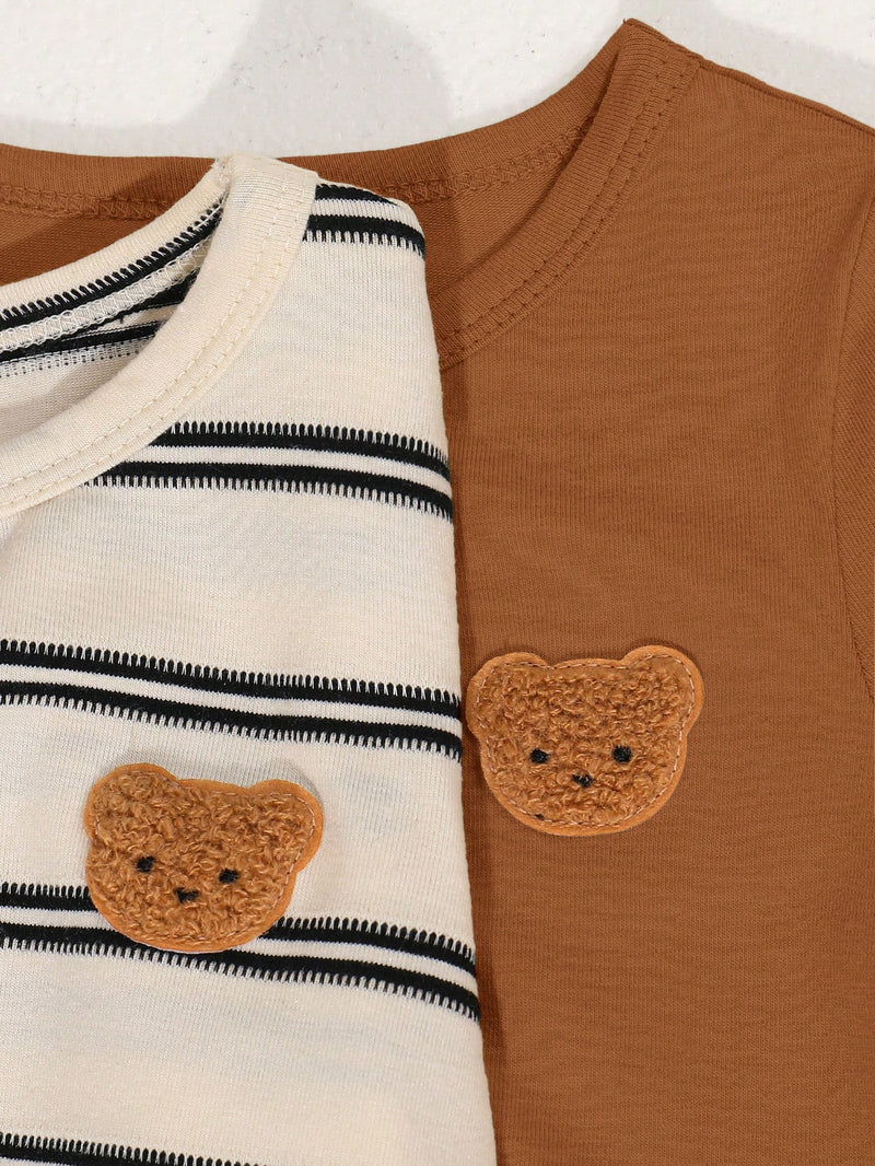 4 peças/conjunto de Verão Estilo Coreano Casual Fofo, Padrão de Desenho Animado Listrado Camiseta Manga Curta, Shorts de Elástico com Bolsos para Meninos e Meninas Bebês