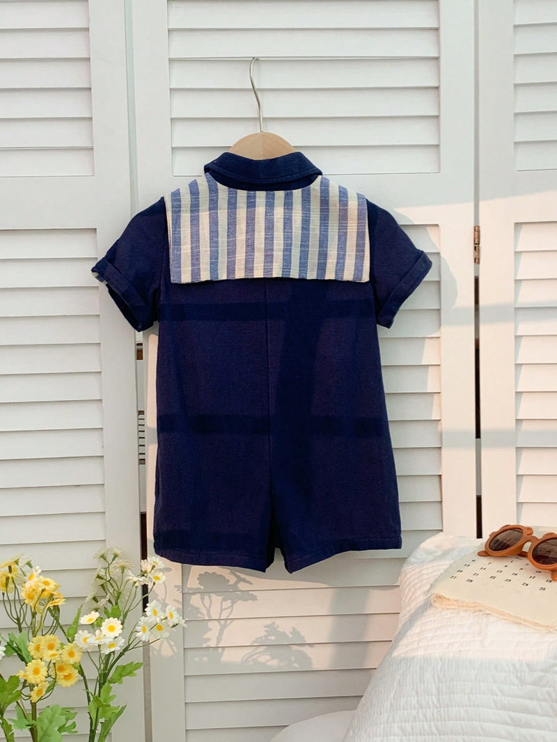 Camisa de Manga Curta Casual de Cor Sólida para Bebê/Criança Pequena, Macacão com Capa e Shorts Listrados, Adequado para Uso na Primavera/Verão, Casa e Passeio