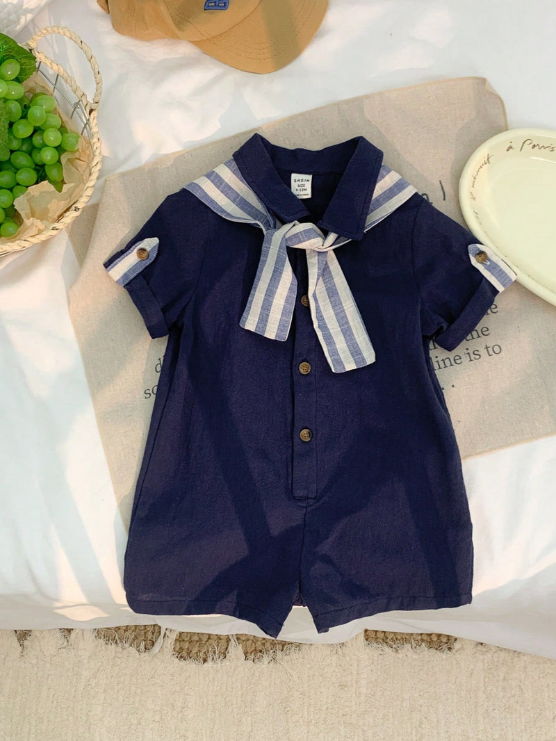 Camisa de Manga Curta Casual de Cor Sólida para Bebê/Criança Pequena, Macacão com Capa e Shorts Listrados, Adequado para Uso na Primavera/Verão, Casa e Passeio