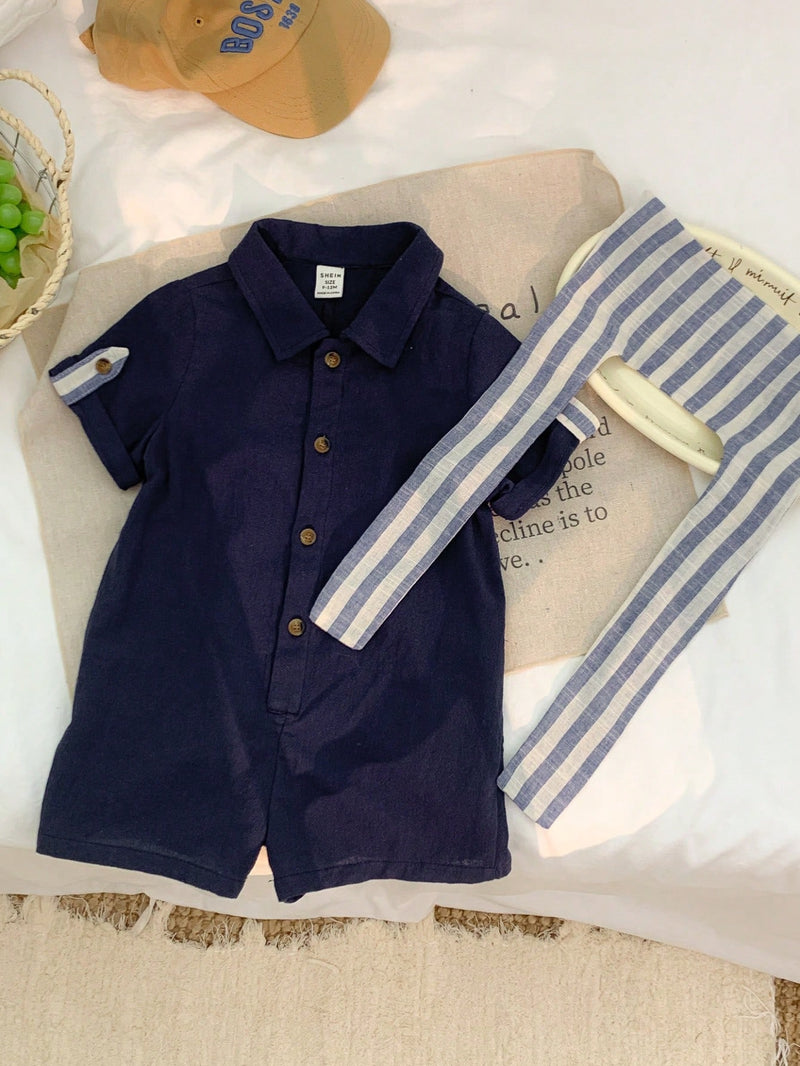 Camisa de Manga Curta Casual de Cor Sólida para Bebê/Criança Pequena, Macacão com Capa e Shorts Listrados, Adequado para Uso na Primavera/Verão, Casa e Passeio